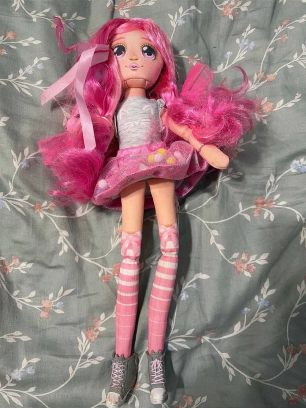 Plush Fashion Doll with Bright Pink Hair and Pink Outfit